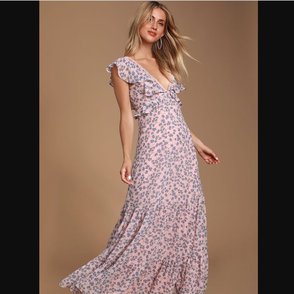 Lulus Darling Daydream Blue and Pink Floral Print Ruffled Maxi Dress
